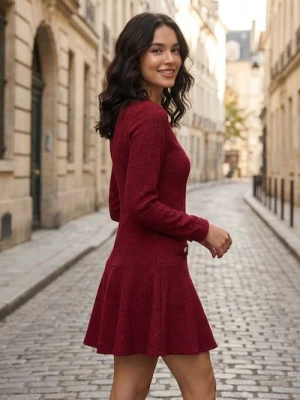 Sinsay - Rozkloszowana sukienka mini z długim rękawem - bordowy