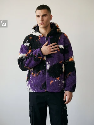 Sinsay - Rozpinana bluza sherpa moro z naszywką - fioletowy