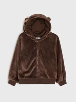 Sinsay - Rozpinana bluza teddy z nadrukiem i naszywką na plecach - brązowy
