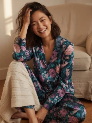 Sinsay - Satynowa piżama we wzór kwiatowy - ciemny turkus