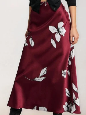 Sinsay - Satynowa spódnica midi w kwiaty - bordowy