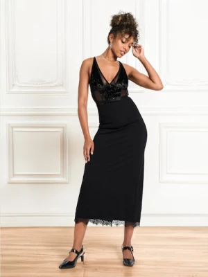 Sinsay - Spódnica midi wykończona koronką - czarny