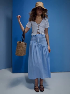 Sinsay - Spódnica midi z asymetryczną falbaną w paski - niebieski