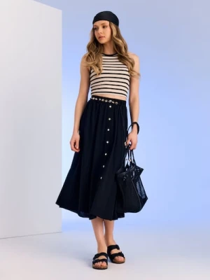 Sinsay - Spódnica midi z ozdobnym paskiem i domieszką lnu - czarny