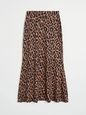 Sinsay - Spódnica midi z rokloszowanym dołem w panterkę - brązowy