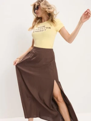 Sinsay - Spódnica midi z rozcięciem z wiskozą i domieszką lnu - brązowy