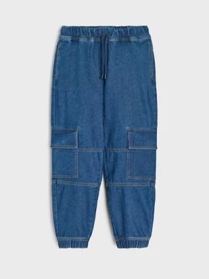 Sinsay - Spodnie cargo jogger z gumką w pasie - niebieski