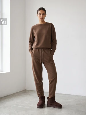 Sinsay - Spodnie dresowe barrel fleece - brązowy