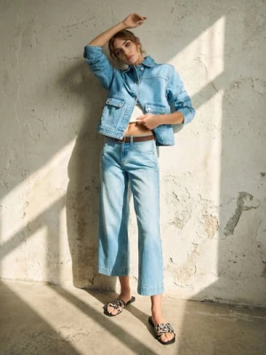 Sinsay - Spodnie jeansowe culotte z paskiem - niebieski