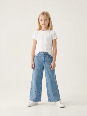 Sinsay - Spodnie jeansowe wide leg z haftowanymi kwiatami - wielobarwny