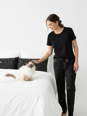 Sinsay - Spodnie piżamowe z szeroką nogawką i motywem kotów i gwiazd - czarny