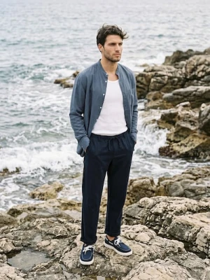 Sinsay - Spodnie straight leg z domieszką lnu - granatowy