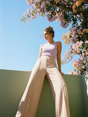 Sinsay - Spodnie wide leg - beżowy