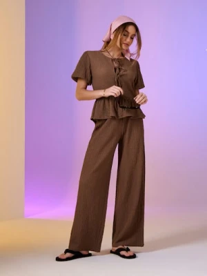 Sinsay - Spodnie wide leg - brązowy