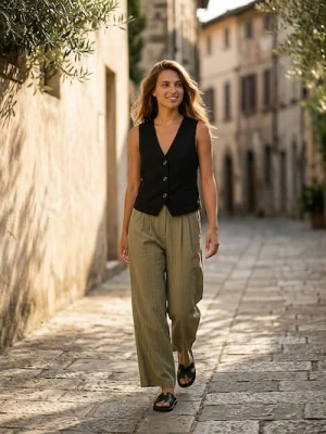 Sinsay - Spodnie wide leg w pionowe paski z wiskozą i domieszką lnu - wielobarwny