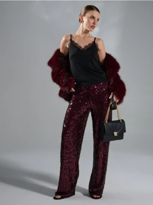 Sinsay - Spodnie wide leg z błyszczącymi cekinami - bordowy