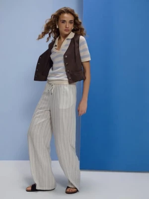 Sinsay - Spodnie wide leg z domieszką lnu - beżowy