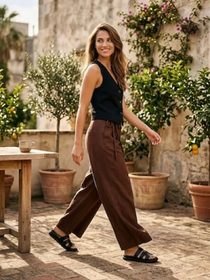 Sinsay - Spodnie wide leg z domieszką lnu - beżowy