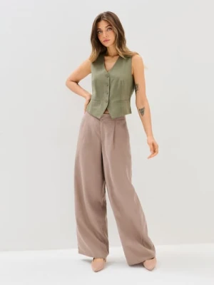 Sinsay - Spodnie wide leg z domieszką lnu - beżowy