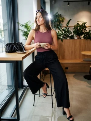 Sinsay - Spodnie wide leg z domieszką lnu - czarny