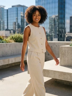 Sinsay - Spodnie wide leg z domieszką lnu - kremowy