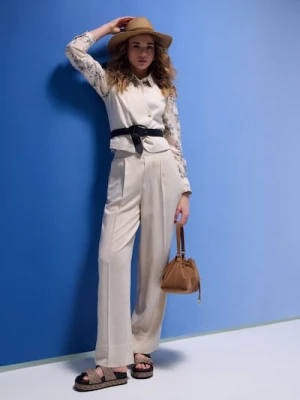 Sinsay - Spodnie wide leg z domieszką lnu - kremowy