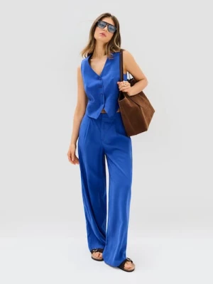 Sinsay - Spodnie wide leg z domieszką lnu - niebieski