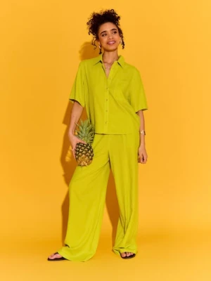 Sinsay - Spodnie wide leg z domieszką lnu - zielony