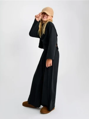 Sinsay - Spodnie wide leg z grubej prążkowanej dzianiny z polarem wewnątrz - czarny