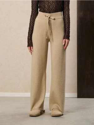 Sinsay - Spodnie wide leg z gumką w pasie - beżowy