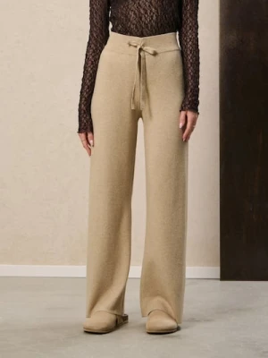 Sinsay - Spodnie wide leg z gumką w pasie - beżowy