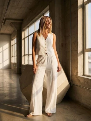 Sinsay - Spodnie wide leg z ozdobnymi przeszyciami - kremowy