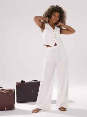 Sinsay - Spodnie wide leg z ozdobnymi przeszyciami - kremowy