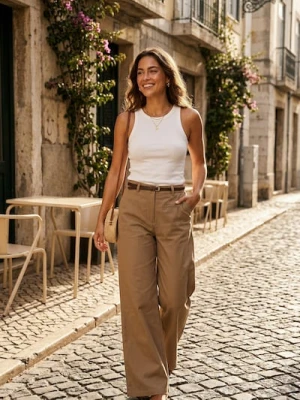 Sinsay - Spodnie wide leg z paskiem - beżowy