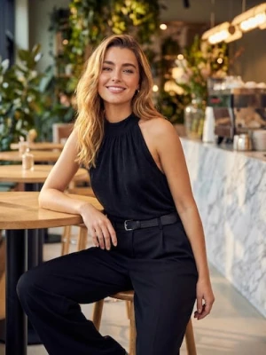 Sinsay - Spodnie wide leg z paskiem - czarny