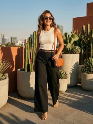 Sinsay - Spodnie wide leg z paskiem - czarny