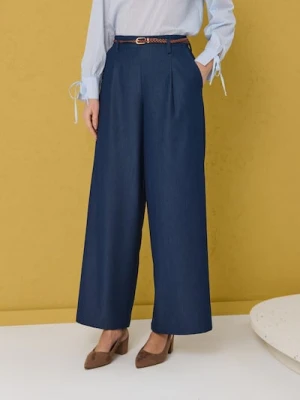Sinsay - Spodnie wide leg z paskiem - granatowy