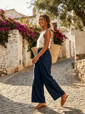 Sinsay - Spodnie wide leg z paskiem - granatowy