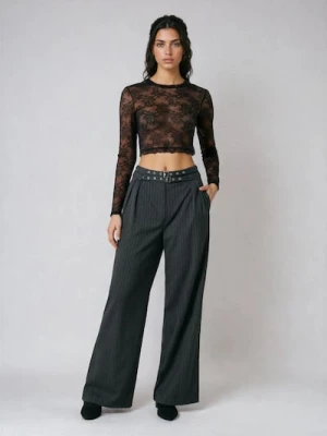 Sinsay - Spodnie wide leg z paskiem - szary