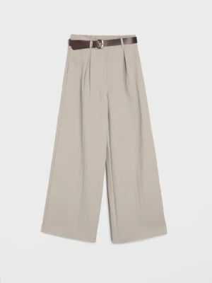 Sinsay - Spodnie wide leg z paskiem z domieszką wiskozy - beżowy