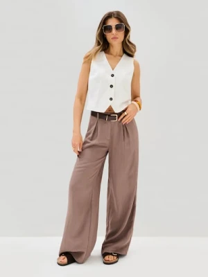 Sinsay - Spodnie wide leg z paskiem z domieszką wiskozy - beżowy
