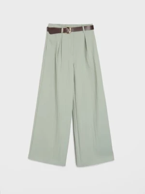 Sinsay - Spodnie wide leg z paskiem z domieszką wiskozy - niebieski