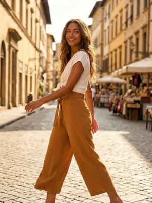 Sinsay - Spodnie wide leg z wiązaniem - brązowy