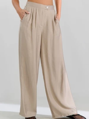 Sinsay - Spodnie wide leg z zakładkami - beżowy