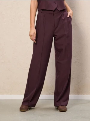Sinsay - Spodnie wide leg z zakładkami - bordowy