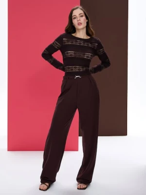 Sinsay - Spodnie wide leg z zakładkami i dekoracyjnym pasem - czerwony