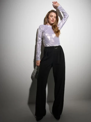 Sinsay - Spodnie wide leg z zakładkami i ozdobną klamrą - czarny