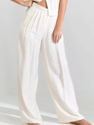 Sinsay - Spodnie wide leg z zakładkami - kremowy