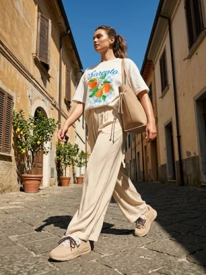 Sinsay - Spodnie wide leg z zakładkami - kremowy