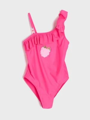 Sinsay - Strój kąpielowy z falbanką i haftowaną maliną - różowy
